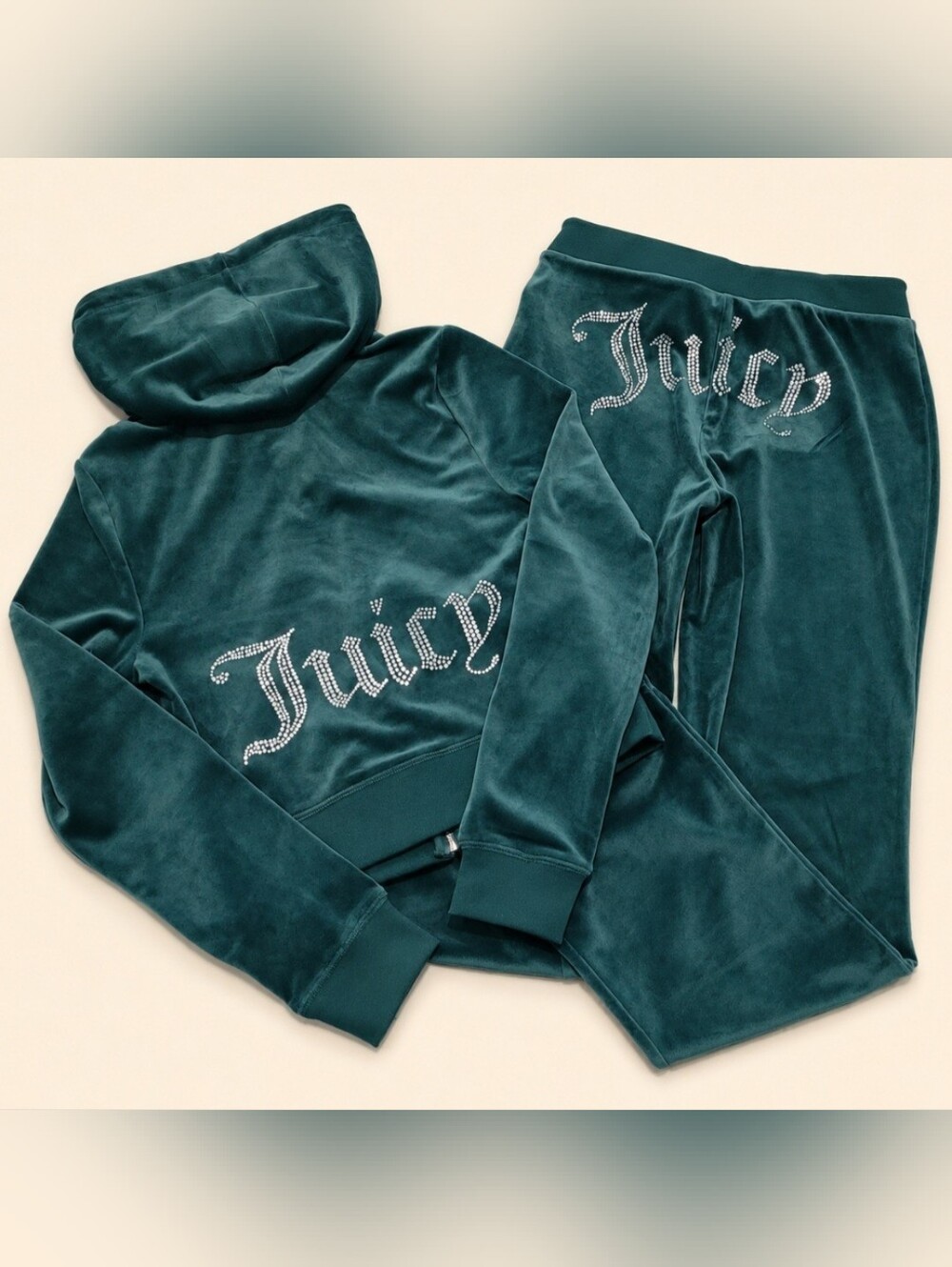 Juicy Couture OG Bling Luxe Velour Jade Green Zip Hoodie & Pants Set - M